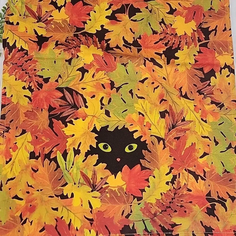 Kay Dee Designs Autumn Leaf Black Cat Print Kitchen Towels  NWOT  Set Of 2